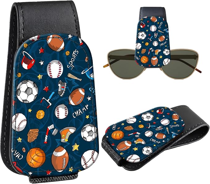 Leather Magnetic Sunglass Holder for Car Sun Visor, Cute Eyeglass Ticket Card Hanger Clip, Universal Auto Interior Accessories for SUV Pickup Truck, Sports Ball by Unknown