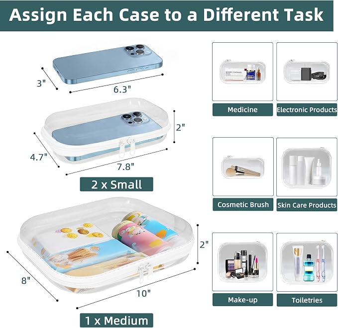 Clear Hard Shell Zipper Cases(3 Packs), Plastic Hard Sided Zippers Pouches Clear Hardshell Pencil Case For Storage, Diaper Bag Organizer Bliss Bins 2*Small/1*Medium - Image 3