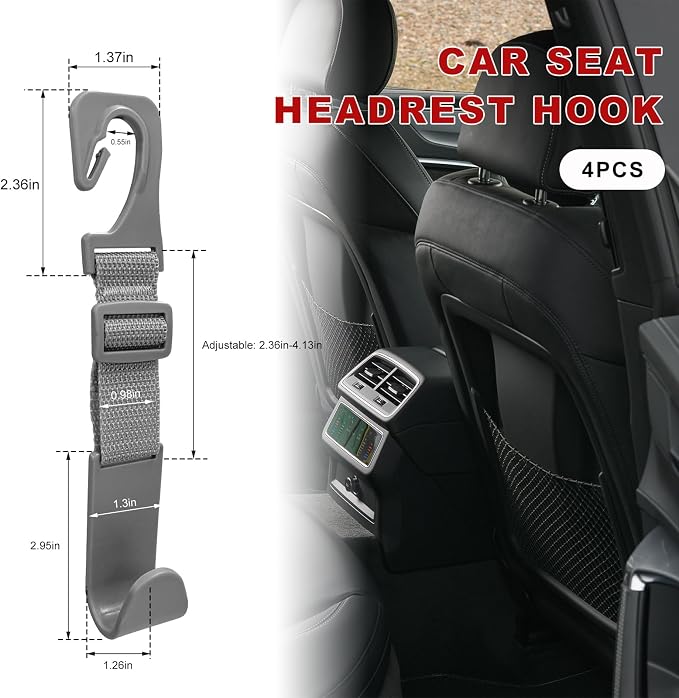 4PCS Car Seat Headrest Hook, Adjustable Vehicle Backseat Hanger Storage Organizer, Universal Seat Back Holder Hooks for Purse Coat Grocery Bag, Car Accessories (Gray) - Image 2