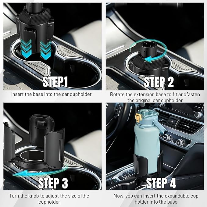 Car Cup Holder Expander, Auto Cup Organizer Expander Holder, Auto Insert Cup Holders with Adjustable Base, Automatic Car Cup Holder Expander Holds Large Water Bottles for Most Coffee Mugs - Image 3