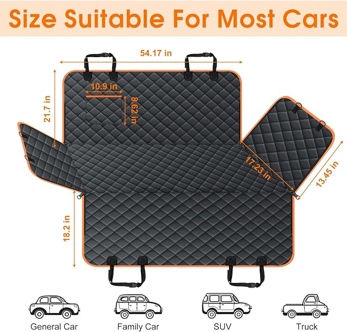 NECKORY Waterproof Dog Car Seat Cover for Back Seat - Durable, Scratch Proof Pet Hammock with Nonslip Design & Storage Pockets, Fits Cars, SUVs, Trucks- S, Black/Orange - Image 2