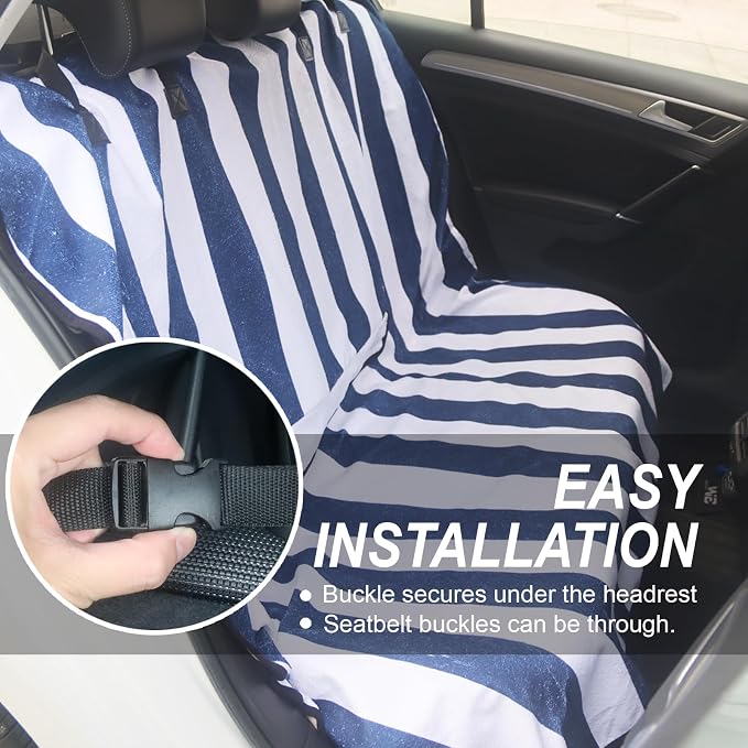 Sweat Towel Car Seat Cover Protector Front Seats for Gym Workout, Running, Swimming, Beach and Hiking, Waterproof Universal Seat Cover for Car, Trucks, Van & SUV (1, White/Blue Stripe, Rear Seat) - Image 5