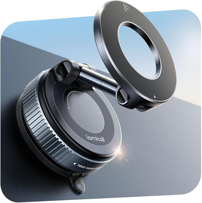 Lamicall for MagSafe Car Mount 70LBS Vacuum Suction Dashboard & Windshield | 20X Magnet Car Phone Holder 360° Foldable Magnetic Phone Holders for Your Car fit iPhone 17 16 15 14 Pro Max Gift Truck Black by Lamicall