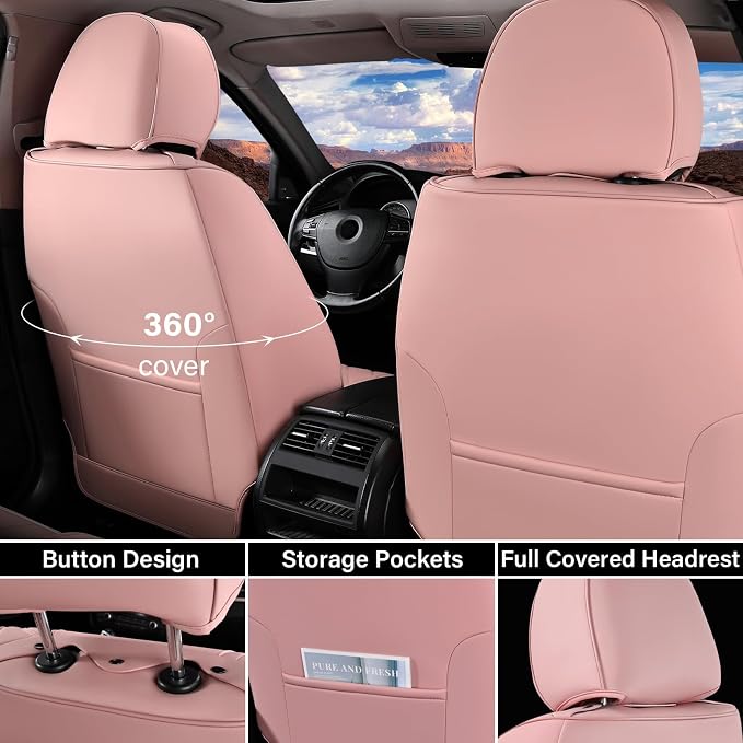 Coverado Car Seat Covers Full Set, Nappa Leather Seat Covers for Cars, Waterproof Car Seat Covers Front Seats and Back, Automotive Car Seat Protector Car Seat Cushion Fit for Most Cars (Pink&Grey) - Image 4