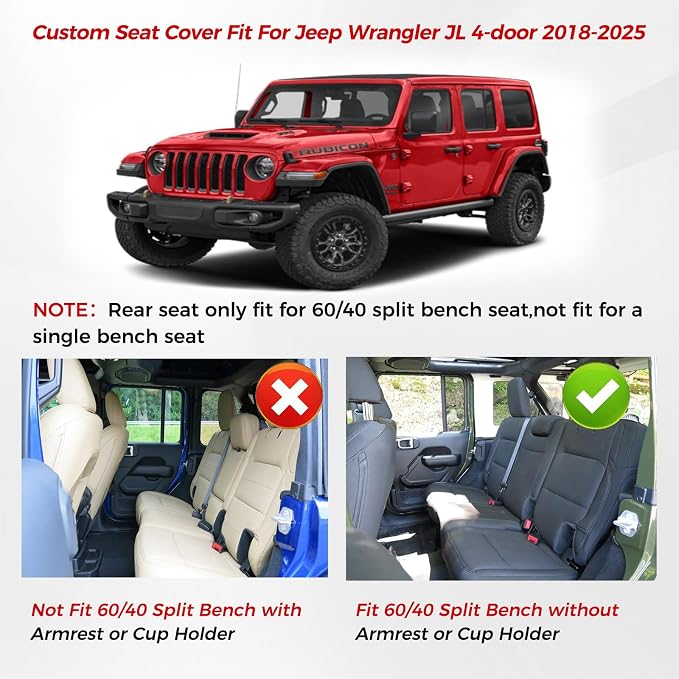 Huidasource 2018-2026 Wrangler JL Seat Covers Full Set, Waterproof Custom Fit Seat Cushion Protector for Jeep Wrangler JL 4-Door Sahara Sport Rubicon, Without Rear Cupholder (Full Set/Red Line) - Image 6