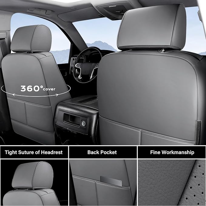 Coverado Chevy Silverado Seat Covers, Faux Leather Seat Covers Fit for Chevy Silverado GMC Sierra 2007-2026 1500, 2015-2026 2500HD 3500HD Crew Double Extended Cab (Front,Gray) - Image 2