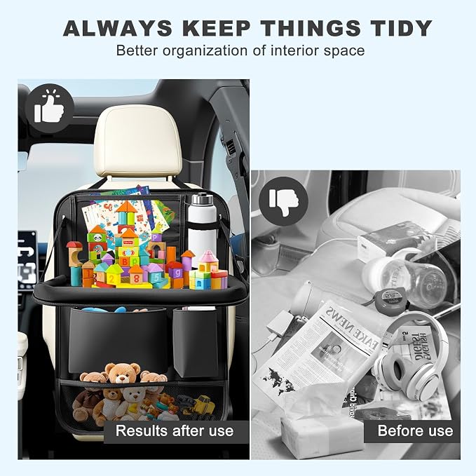 Car Backseat Organizer with Tablet Holder,6 Storage Pockets Car Storage Organizer with Foldable Food Tray,Kick Mats Backseat Protector Travel Accessories (Black) - Image 5
