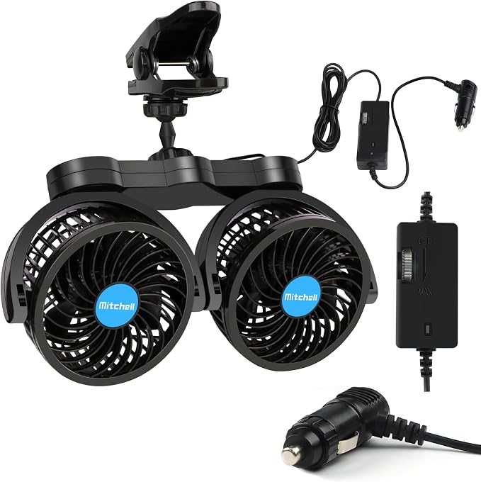 Alagoo 12V Car Fan, Adjustable 4 Inches Dual Head Car Clip Fan for Front/Rear Seat Passenger, 360° Rotatable Cars Fans with Stepless Speed Regulation for Car/Vehicle SUV, RV by Alagoo
