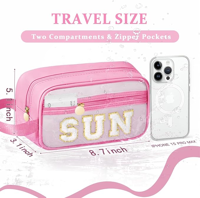 COSHAYSOO Clear Sunscreen Bag Makeup Toiletries Pouch Beach Vacation Essentials Summer Travel Stuff Accessories Personalized Graduation Gifts for Her Women College Teen Girls Teacher Nurse Pink SUN - Image 2