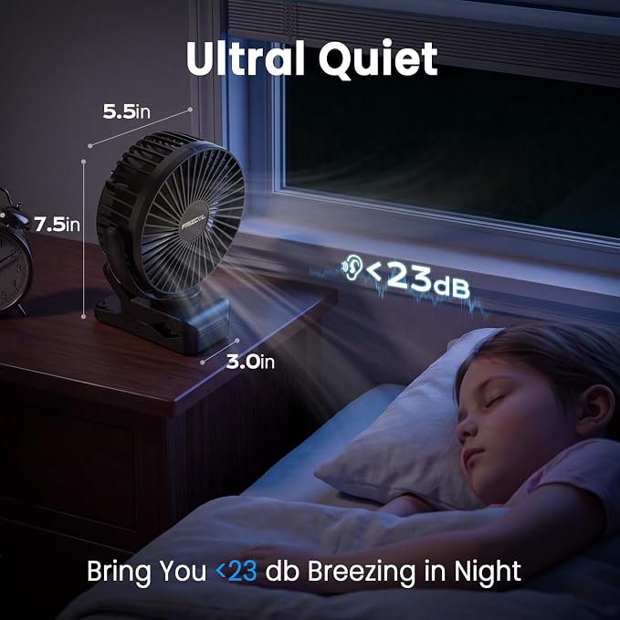 Portable Clip on Fan 65 Working Hours, Camping Fans with LED Lights & Hook, 12000 Capacity Battery Operated Fan with Clamp, USB Rechargeable for Desk, Tent, Treadmill, Stroller, Golf Cart, Home - Image 4