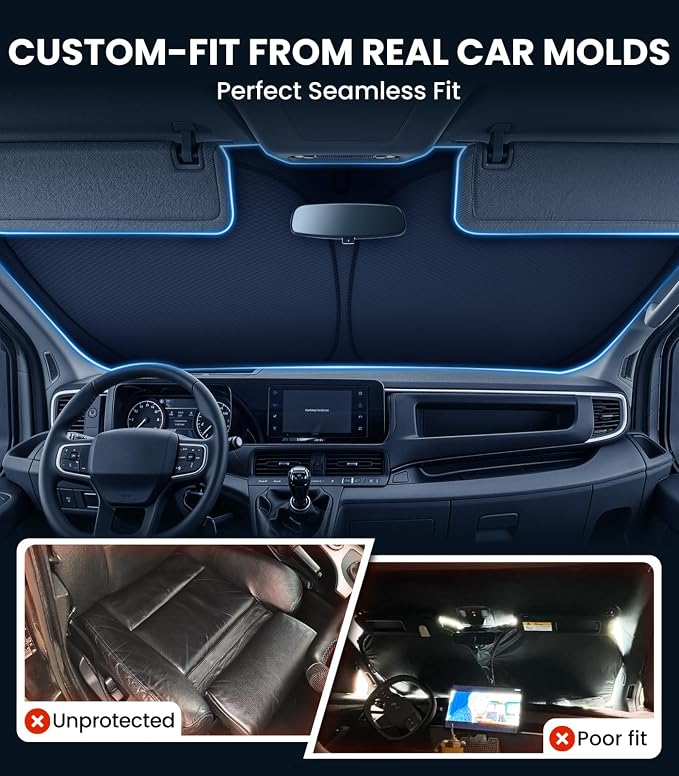 Zanch Large Custom Windshield Sun Shade for Ford Transit 2015-2026, 7-Layer UV & Heat Block, 3D Scanned Custom Fit, Interior Protection, Helps Keep Cabin Cooler, Foldable Van Accessories - Image 3