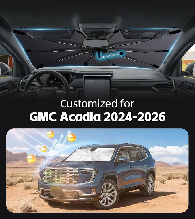 Windshield Sun Shade for GMC Acadia 2024-2026 with 360° Rotating Shaft | Custom Fit Umbrella Sunshade for UV Blocking, Interior Heat Protection, Easy Storage, UPF 50+ Cool Windshield Cover - Image 2