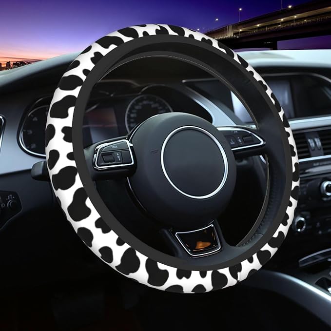 Cow Print 3pc car Set : Steering Wheel Cover + 2 Pc Car Coasters | neoprene Anti-Slip Breathable Universal 14.5-15.5 in for Suitable for Men Women - Image 2