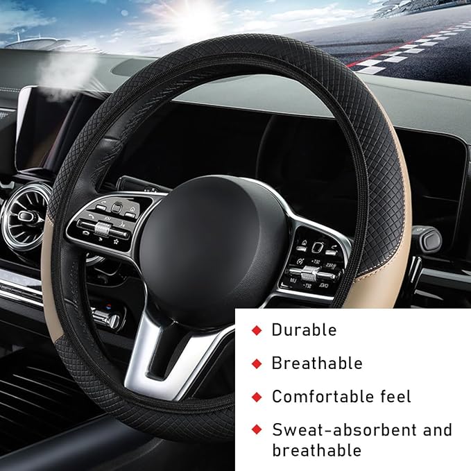 povtii Car Steering Wheel Cover, 15 Inch Leather Breathable Auto Steering Wheel Protector, Comfortable Non-Slip Vehicle Steering Wheel Covers, Universal Interior Car Accessories (Beige, AD) - Image 4