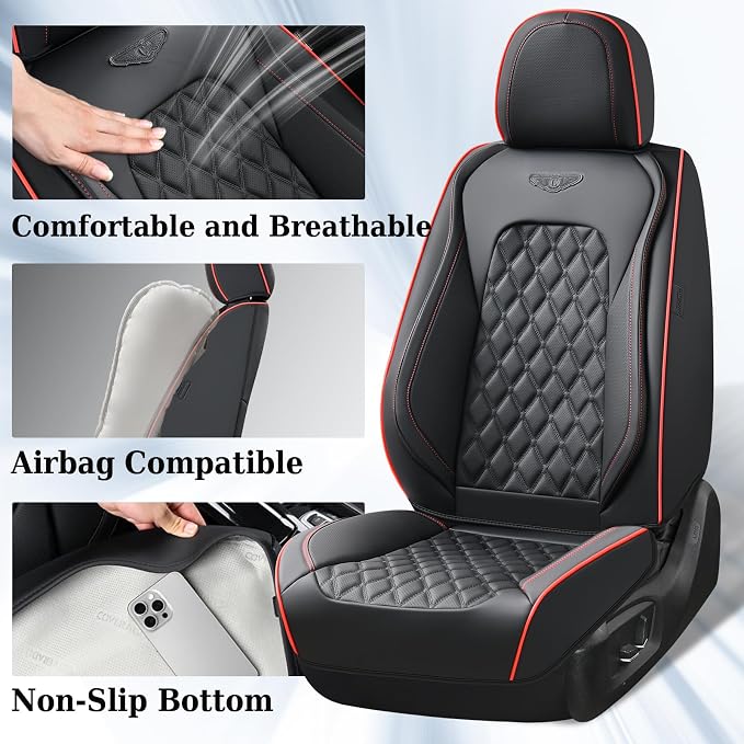 Coverado Front Seat Covers, Wear-Resistant Stain-Proof Cushions, Universal Fit for Most Vehicles, Waterproof Car Seat Protectors, Automotive Seat Covers-Red & Black Line Design - Image 2