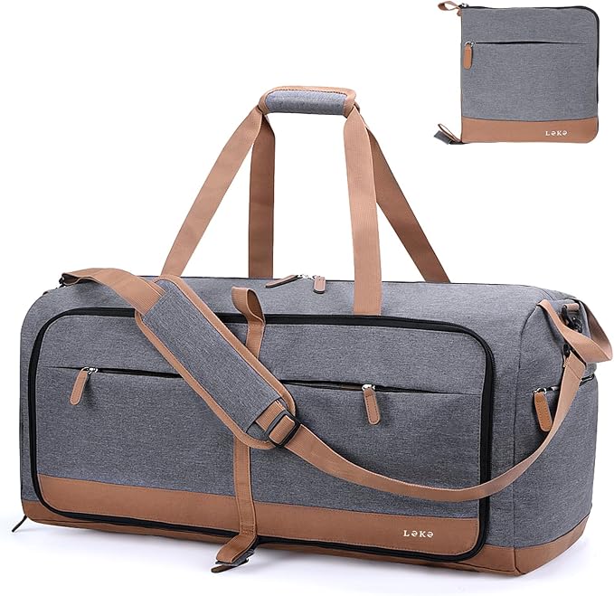 Lekesky Foldable Travel Duffel Bag for Women, 80L Large Duffle Bag with Separate Shoes Compartments & Straps, Carry On Weekend Bag for Women, Hospital, Overnight(Grey) by LEKESKY