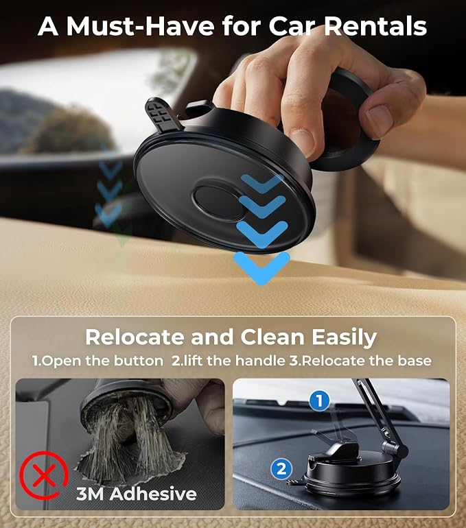 【Vacuum Suction Folding Car Mount】Magnetic Car Phone Holder for magsafe, Aerospace Alloy Arm, Best Dashboard/Windshield/Screen Holder for Your Car/Tesla/Gym/Mirror/Shower/Smooth Surface/iPhone - Image 8