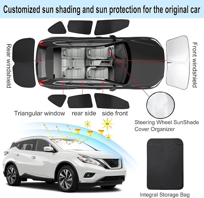 TINGLU Window Shades for Nissan Murano 2015-2024 Accessories Car Side Full Windows Rear Triangular Windshield Sun Shade Sun UV Rays & Privacy Protection for Camping,Napping,and Relaxing 8PCS - Image 3