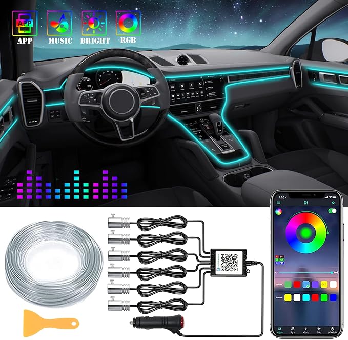DEHERANE RGB Interior Car LED Strip Lights, APP Control | 6 in 1 Car Ambient Lighting Kit with 315 inches Fiber Optic, 16 Million Colors Car LED Lights, Sync to Music by DEHERANE