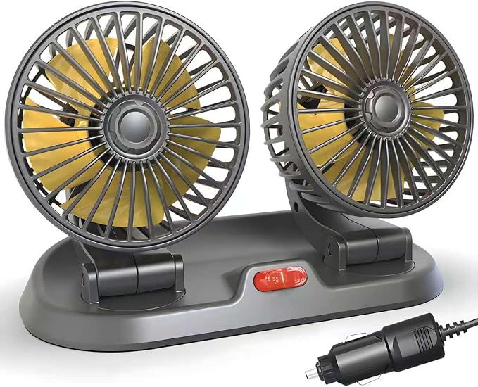 12V Dual Head Car Fan for Dashboard, 2-Speed Portable Vehicle Cooling Fan, 360° Rotatable Cigarette Lighter Powered Air Circulator for SUV RV Truck Sedan by Unknown