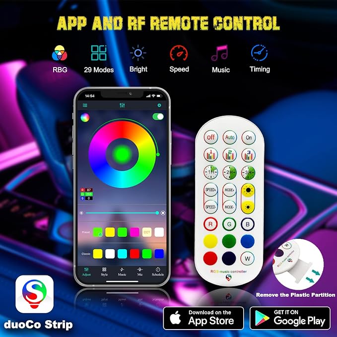 Jushope Interior Car LED Strip Lights, RGB USB Car Ambient Lighting with Wireless APP & Remote Control, Car Accessories Fiber Optifc Lights Sync to Music (5 LED/276 inches) - Image 3
