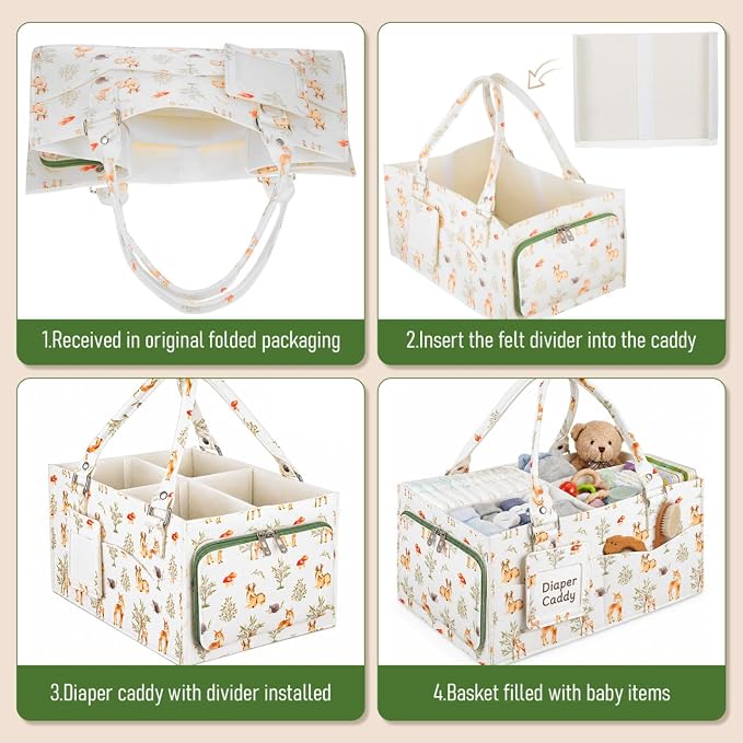 ABOOFAN Baby Diaper Caddy Organizer with Removable Dividers and Handle | Deer Print Felt Nursery Storage Bin, Holds Diapers, Wipes and Newborn Essentials, Portable for Changing Table, Car & Bedside - Image 4