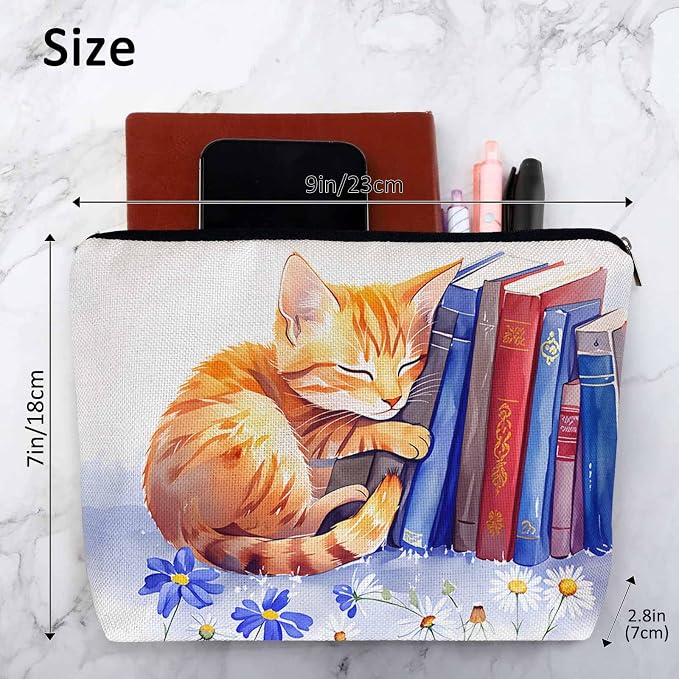 Cat Cosmetic Travel Bag For Toiletries, Funny Cat Kitten Sleep Floral Library Bookshelf Makeup Bag Toiletry Bags For Women, Flax Cosmetic Bags Make Up Bag Purse Toiletries Bag Birthday Gift - Image 4