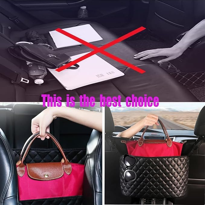 Car Net Pocket Handbag Holder，Purse Holder for Between Seats，Leather Seat Back Organizer Mesh Large Capacity Bag，Handbag Between The Two Seats - Image 3