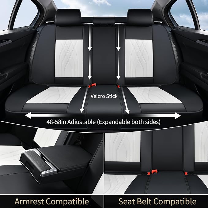 FLORICH Leather Car Seat Cover Full Set Automotive Seat Covers 5 Seats Front and Back Seat Cover Full Coverage Car Seat Cushion Universal Fit for Most Car Truck SUV Seat Protection, Black&White - Image 4