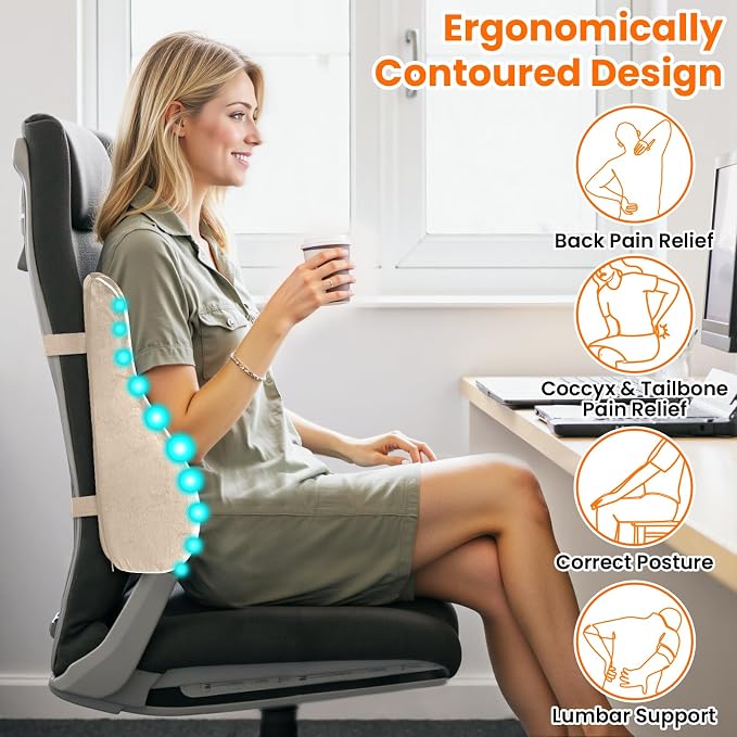 CloudBliss Lumbar Support Pillow, Memory Foam for Office Chair, Khaki | Ergonomic High-Density Memory Foam, Adjustable Straps, Washable Mesh Cover, Lower Back Support for Office, Gaming & Car Seat - Image 6