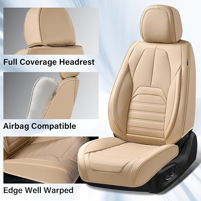 Car Seat Covers Full Set, Beige Seat Covers for Cars, Automotive Seat Covers, Waterproof Nappa Leather Front Seats and Back Car Seat Protector, Universal Fit for Most Cars SUV Trucks - Image 4