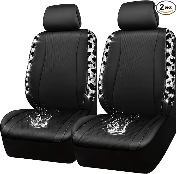 CAR PASS Cow Diamond Leather Bling Car Seat Covers Universal, Faux Shining Rhinestones Two Front only, Fit 95% Automotive Glitter Crystal Sparkle Strips for Cute Women Girl, 2PCS Cow Silver Diamond by CARPASS