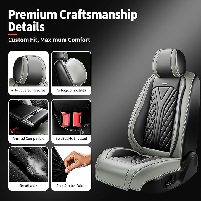 for GMC Terrain 2010-2025 2026 Car Seat Covers, Full Set, Gray | Luxury Full Coverage Leather Seat Protectors, Waterproof Breathable, Non-Slip, Easy to Install, Airbag Compatible, All-Season - Image 7