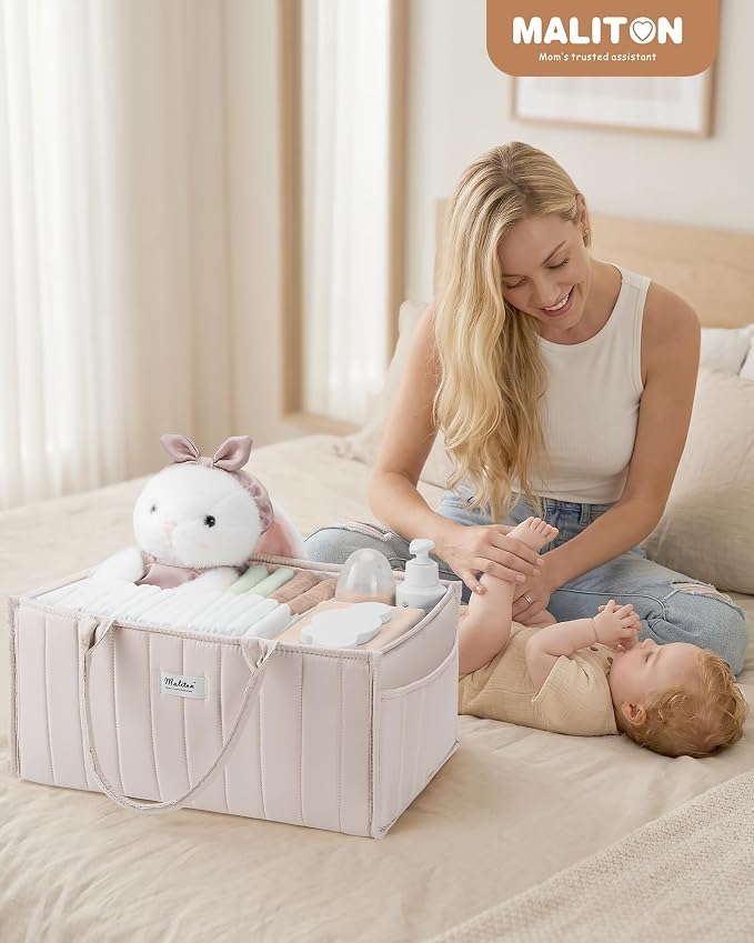 Maliton Baby Diaper Caddy Organizer with 2 Side Pockets, Portable, Beige | with Handle and Removable Dividers, Nursery Storage Basket, Car Organizer for Diapers & Wipes. Boy & Girl Shower Gift - Image 2