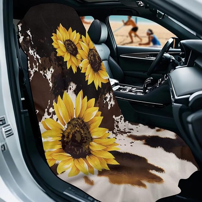 Sunflower Brown Cow Car Seat Cover Sweat Auto Seat Towel Cover for Front Seat Only with Storage Bag Sunflowers Cow Print Car Interior Accessories for Yoga Swimming Hiking Universal Towels - Image 2