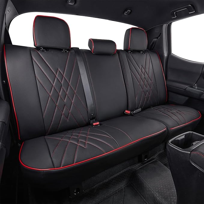 EKR Custom Fit Tacoma Leather Car Seat Covers for Toyota Tacoma 2012 2013 2014 2015 (TRD Sport Seats)- Full Set,Faux Leather(Black with Red Trim) - Image 5