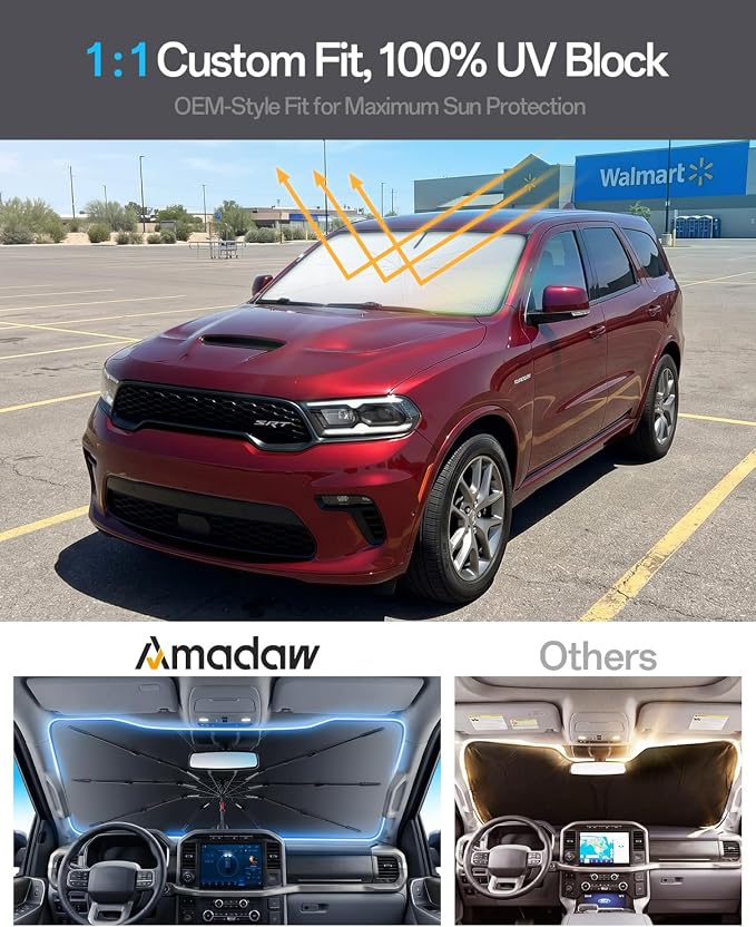 Windshield Sun Shade for Dodge Durango 2000–2026, Foldable Umbrella Sunshade with 100% UV Block, Multi-Layer Heat Insulation, Reinforced 10-Rib Frame, Keeps Car Cooler, Summer Car Accessory - Image 3