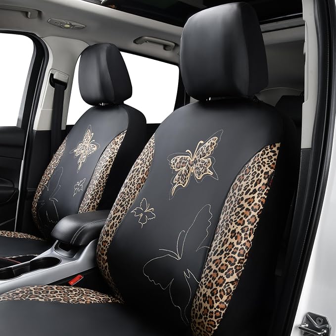 Flying Banner Butterfly car seat Covers ful Set Fashion Universal Lady Woman Female Rear Bench Split Colorized (Full Set - Faux Leather, Leopard Brown) - Image 4