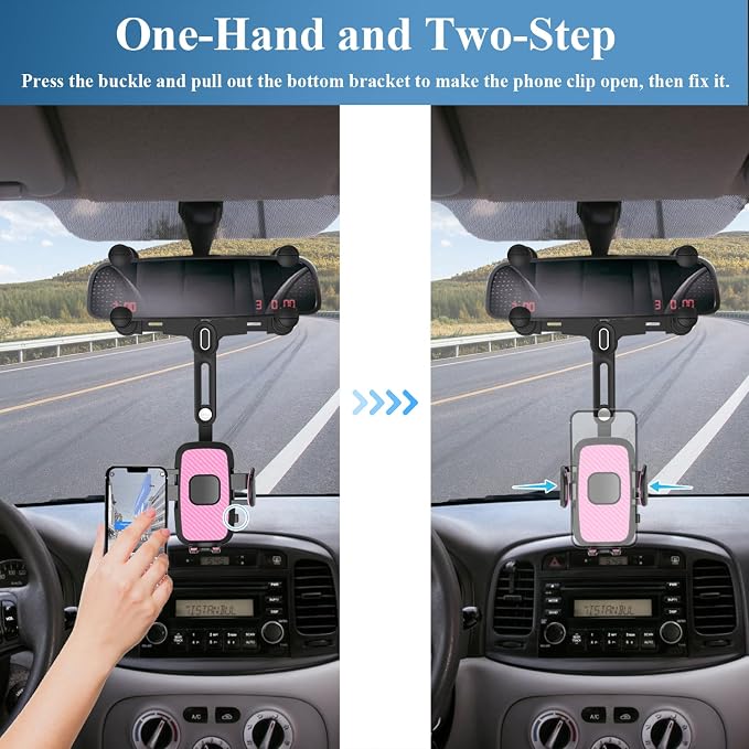 Phone Mount for Car, Rear View Mirror Phone Holder, Rotatable and Retractable Car Phone Holder Mount Rearview Mirror Phone Holder for Car Compatible with iPhone Samsung Cell Phones (Pink) - Image 4