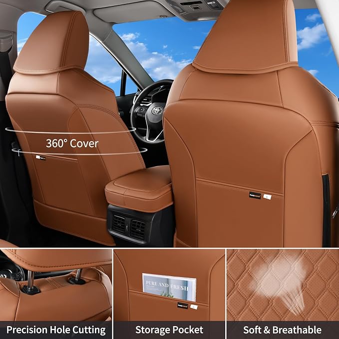 Huidasource Custom Fit RAV4 (Gas Only) Front Seat Covers, Brown Waterproof Faux Leather Full-Coverage for 2019-2024 Toyota RAV4 LE/XLE & XLE Premium/Limited (Does Not Fit Adventure and TRD Off-Road) - Image 2