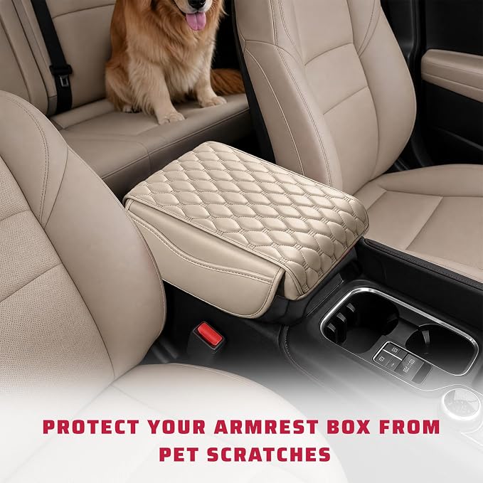 Car Center Console Cover, Memory Foam Auto Armrest Cushion Center Console Pillow Pad with Side Pockets, Anti-Scratch Leather Elbow Pillow Armrest Seat Box Protector for Most Cars (Beige) - Image 6