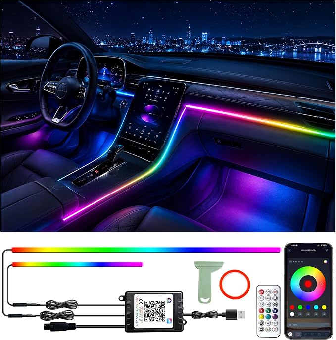 RGB-IC Car Led Strip Lights, Interior Car Lights, App and Remote Control Ambient Lighting Kit with 16 Million Colors Fiber Optics&Music Sync Rhythm, USB Neon Light Accessories for Center Console&Door by Latamil
