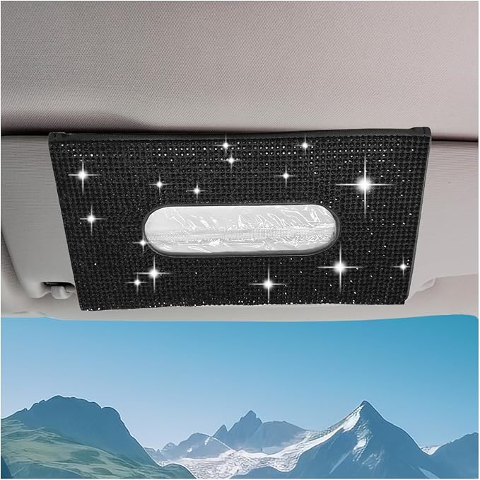 Bling Car Sun Visor Tissue Box Holder, PU Leather Auto Paper Towel Cover, Glitter Crystal Rhinestone Napkin Holder, Car Decoration Accessories for Women (Black) by Unknown