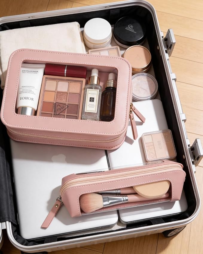 2Pack Clear Makeup Bags Set, Clear Pencil Case Pouch,Portable Leather Travel Toiletry Bag Pink Car Accessories for Women - Image 7
