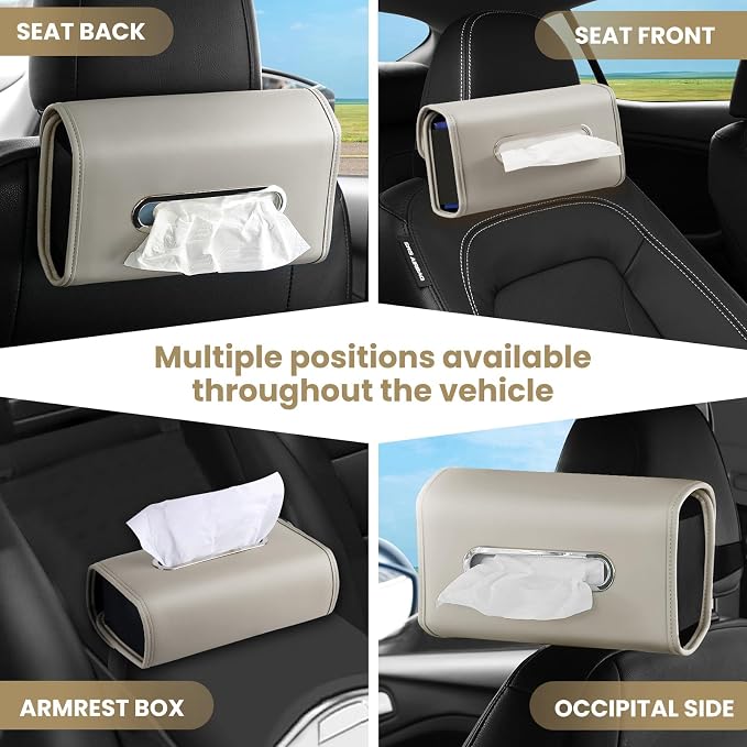 WHHMK Large Car Tissue Holder Refill Easily Clamshell Opening, Grey 2PC | Tissue Box Cover Keep Car Tidy, Premium PU Leather Backseat Napkin Rectangle Organizer in Auto, Fits 100-150 Count Tissues - Image 5