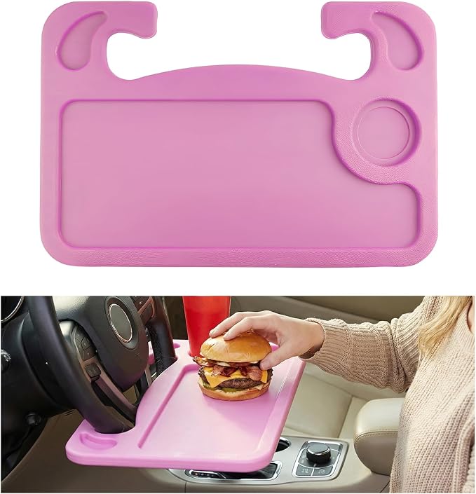 Car Steering Wheel Desk, 2 in 1 Multipurpose Auto Seat Stand Tray for Food Drink Laptop, Portable Double Sided Vehicle Steering Wheel Table for Eating & Work, Car Accessories (Pink) by Unknown