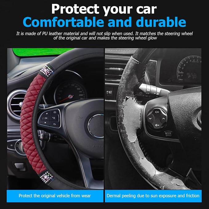 Osilly 15 Inch Rhinestone Leather Steering Wheel Cover, Wine Red | breathable non-slip surface, flexible ringless design, hand-stretch setup, fits matching rim sizes, automotive accessories - Image 3