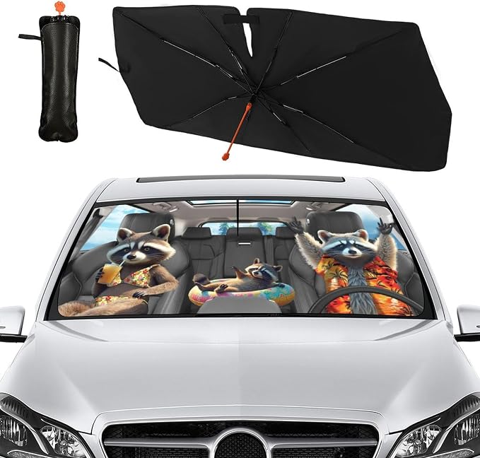 Socira Funny Raccoon Car Windshield Sunshade Umbrella Foldable Visor | Umbrella Sun Shade Cover Racoon Sunshade Front Window Cover Raccoon Car Accessories Blocks Uv Rays (57" X 30") - Image 8