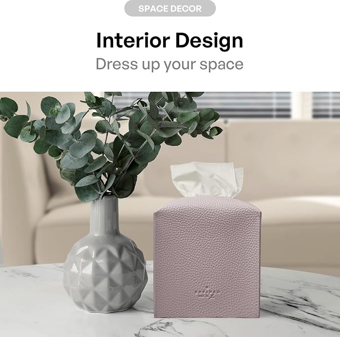 Carrotez Tissue Box Cover, [Refined] Modern PU Leather Square Tissue Box Holder - Decorative Holder/Organizer for Bathroom Vanity Countertop, Night Stands, Office Desk & Car 5"X5"X5" - Lavender - Image 4