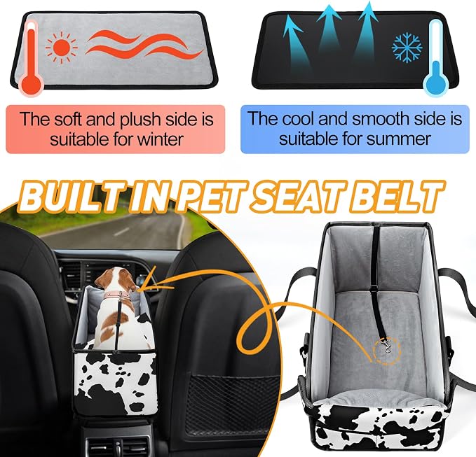 Portable Dog Car Seat for Small Dogs, Puppy Car Seat, Cow Pattern | Booster Seat With Safety Leash & Adjustable Straps Keeps Small Dogs Secure. Removable Washable Cushion. Fits Most Cars. - Image 6
